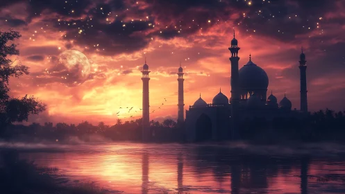 Majestic riverside mosque under luminous twilight sky.