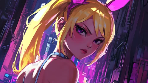 Neon city vigilante girl glows under electric magenta sky.