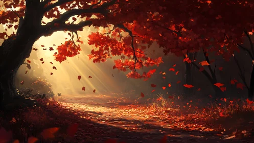 Backlit autumn forest path with volumetric light and drifting leaves