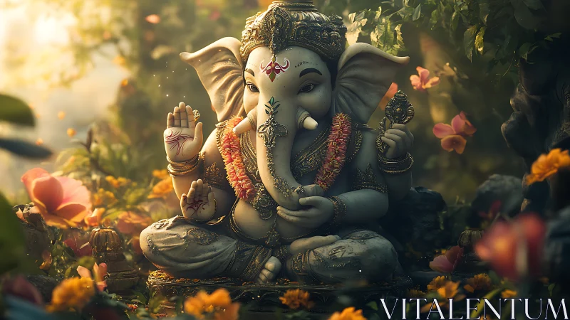 Ganesha idol glows in golden forest light, serene presence.
