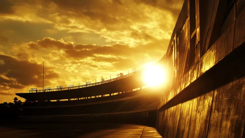 Sunlit stadium grandstand curves under dense golden clouds