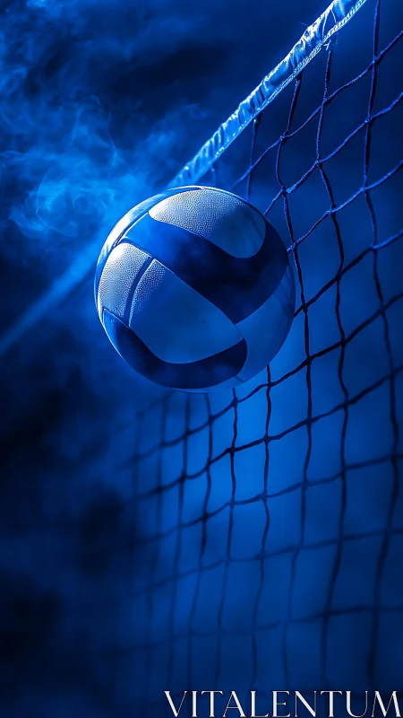 Volleyball contacts net in monochromatic blue environment