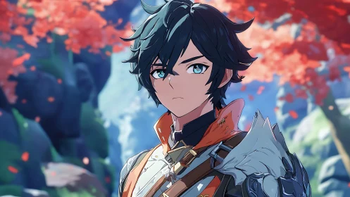 Calm anime hero pauses beneath bright autumn forest light