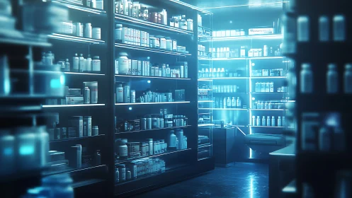 Neon lit pharmacy interior shows stocked medicine shelves