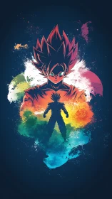 Fiery anime warrior emerges from vivid cosmic splashes