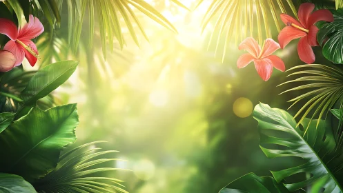 Tropical jungle foliage with sunlit hibiscus border frame.