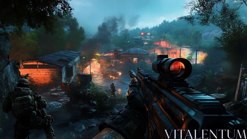 First-Person Tactical Engagement in Neon-Lit Urban Warzone.