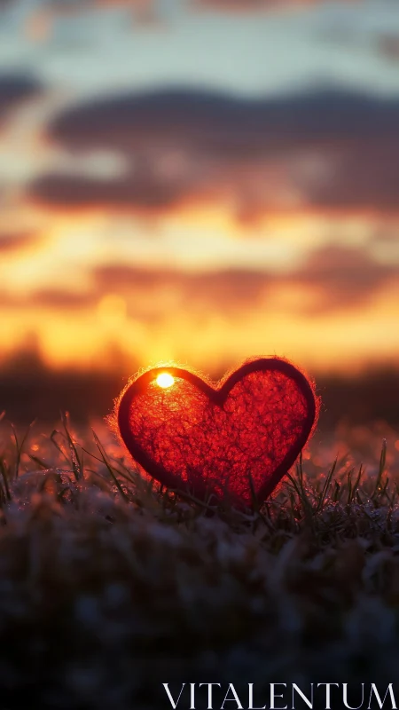 Red heart form positioned on frost covered ground surface.