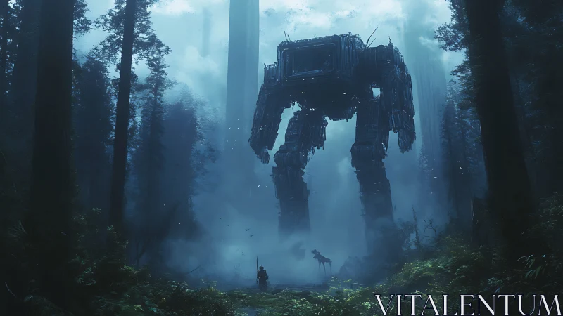 Giant mechanical walker towers over misty forest path.