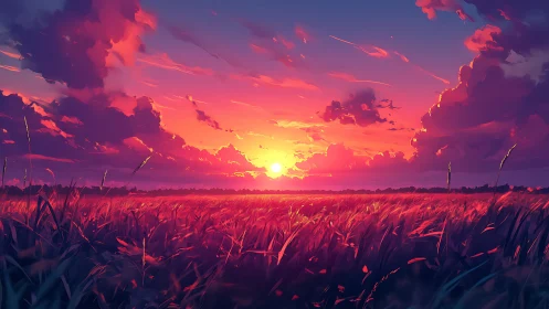 Sunset firestorm over whispering fields of painted wheat.