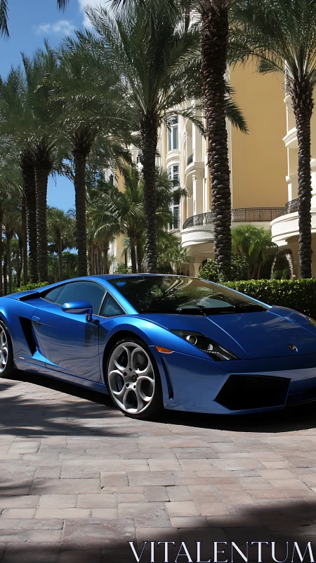 Blue supercar parked under palm trees at a luxury resort