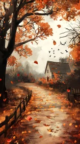 Whirling autumn path curls homeward through ember-bright trees