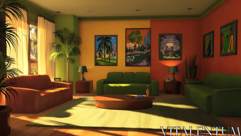 Mid-century styled living room with bold color blocking.