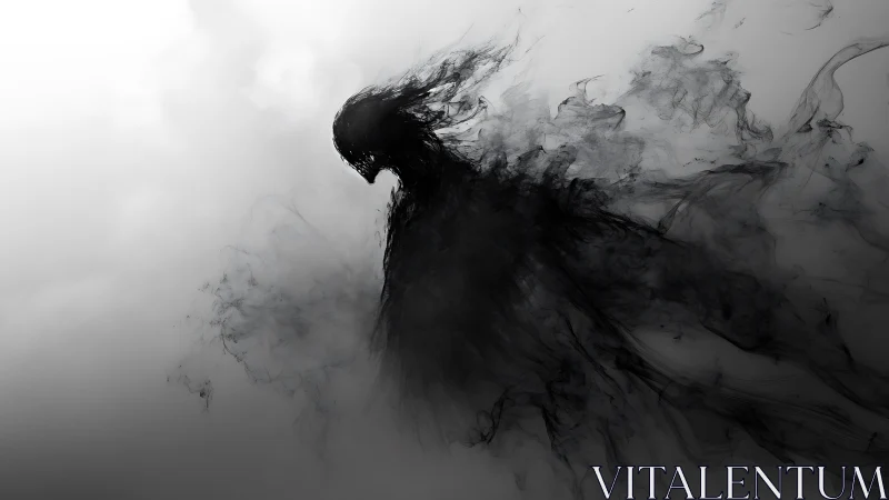Shadow wraith dissolving into swirling monochrome mist.