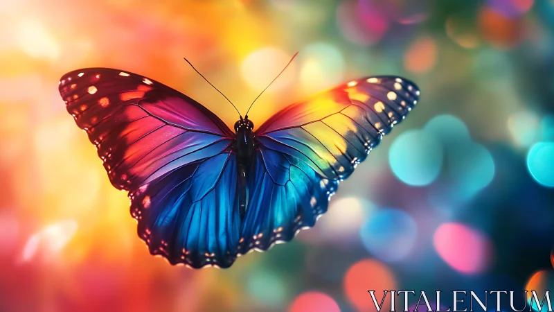 Radiant multicolor butterfly over dreamy bokeh field.