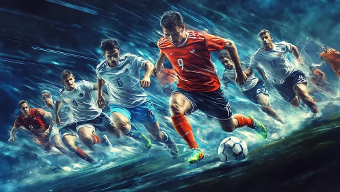 Charging soccer players race toward the ball in dramatic motion