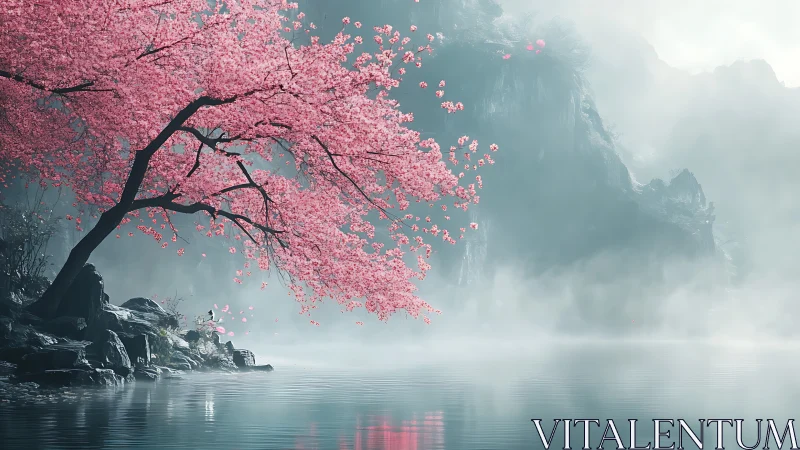 Mist-veiled lakeside cherry tree with atmospheric depth rendering