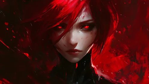 Red-eyed cyber-muse emerges from abstract crimson rupture