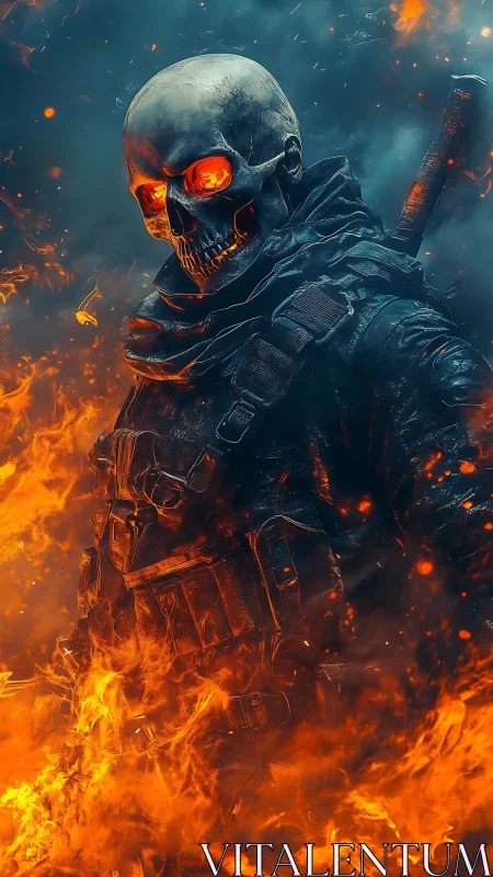 Flaming skull soldier stands in burning battlefield inferno.