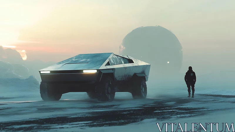 Lone explorer walks beside a futuristic truck in icy twilight.