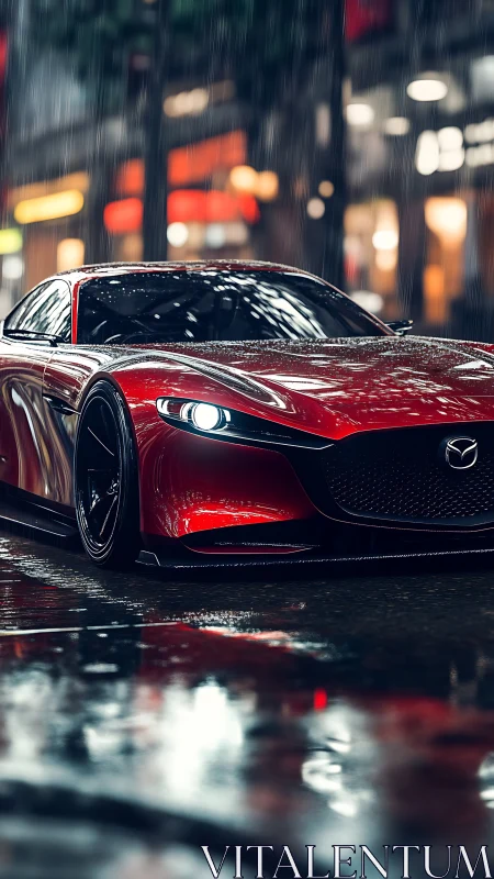 Red Mazda sports coupe under night rain in city street.