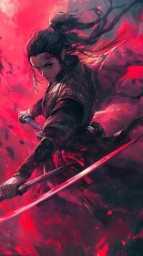 Samurai warrior swings dual katanas in red-tinted motion