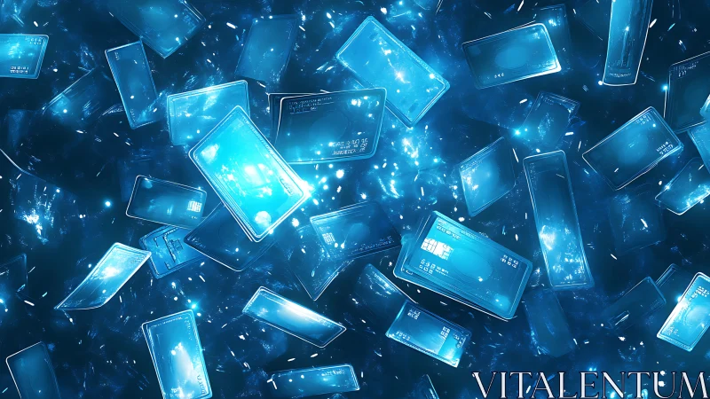 Glowing digital credit cards drift through a luminous data void