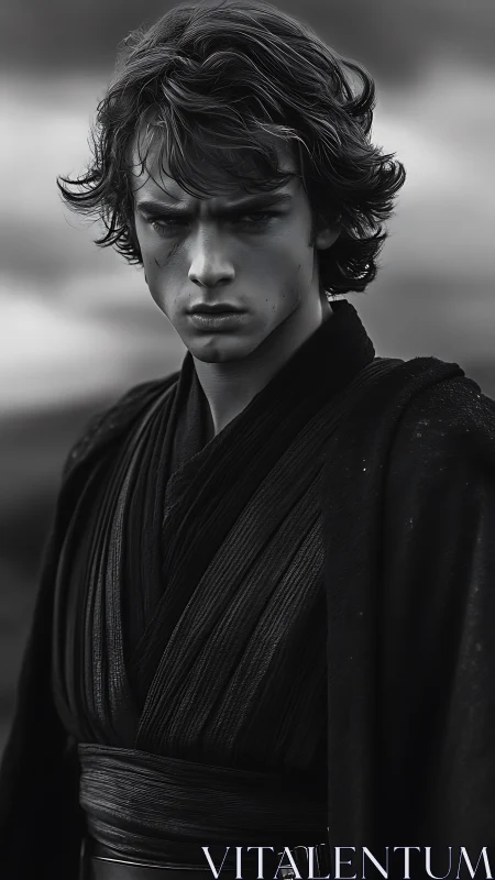 Brooding young warrior studies horizon under storm sky