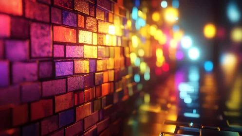 Colorful mosaic wall with glowing bokeh lights, modern abstract style.