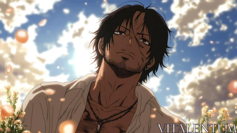 Sunlit anime wanderer under glowing cloud-filled sky.