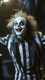 Wild ghostly figure in striped suit with dramatic makeup.