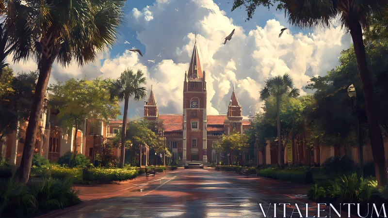 Sunlit campus tower rises over palms after summer rain