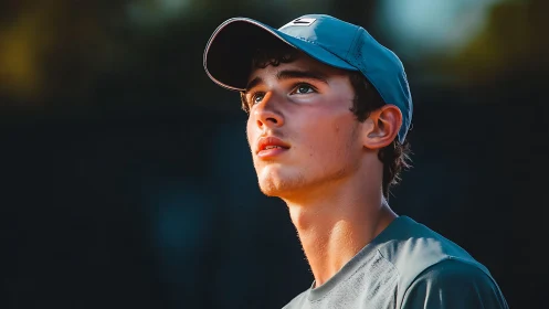 Young tennis player looks upward in warm golden hour light