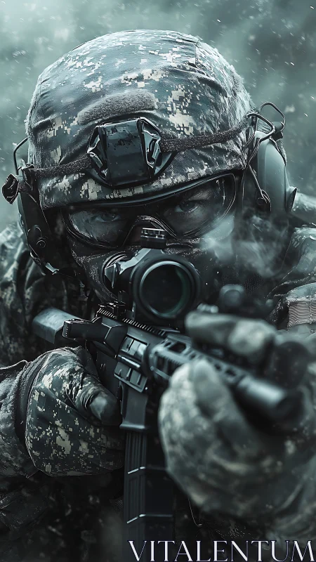 Soldier aiming rifle in harsh winter combat conditions.