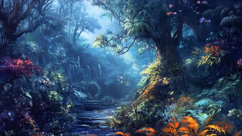 Mystical forest landscape with luminescent vegetation and waterway.