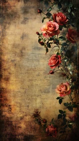 Vintage roses climb distressed golden textured wall.