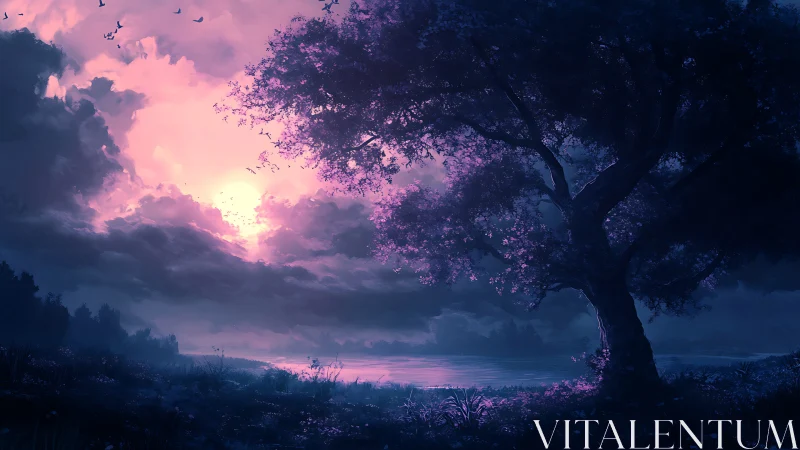 Bioluminescent twilight tree silhouettes a magenta storm sky