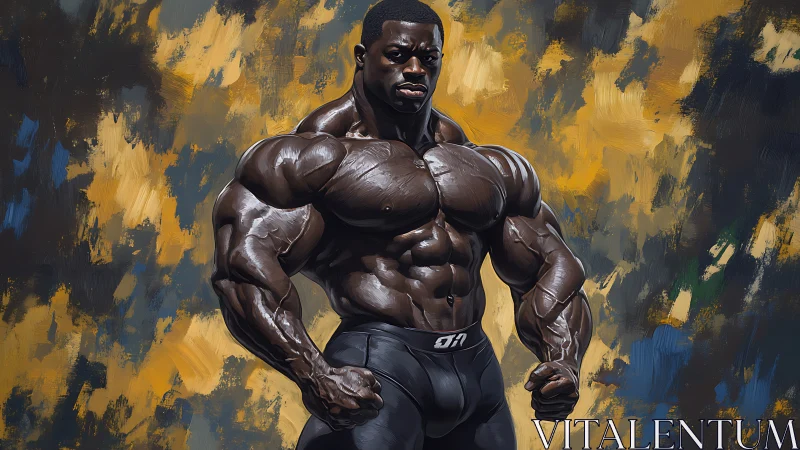 Muscular bodybuilder dominates bold abstract backdrop.