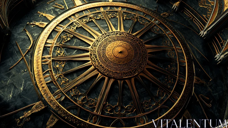 Radial golden ornamental disk with intricate script detailing.