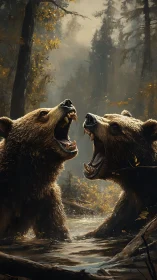 Roaring grizzlies clash in misty autumn forest stream scene.