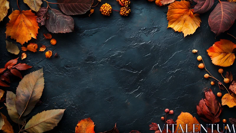 Autumn leaves frame on dark textured stone background.