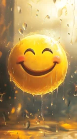 Smiling yellow emoji melts through glowing golden rain.