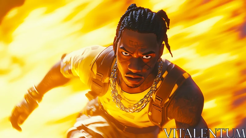 Stylized digital runner in dynamic flame-lit motion field