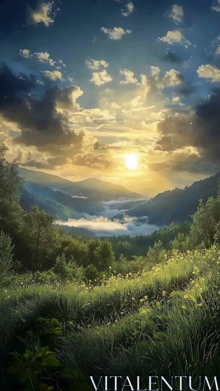 Golden valley sunrise over misty mountains and wildflowers.