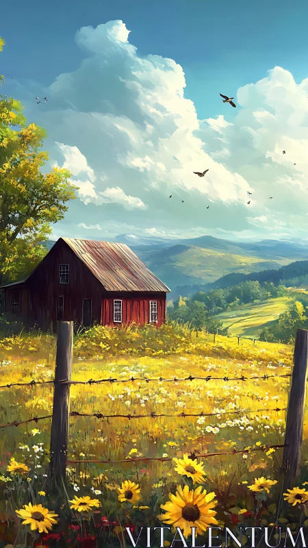 Rural hillside barn with wildflowers under expansive clouds.