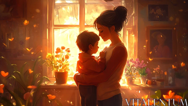 Woman holds child against window with golden sunlight backlighting