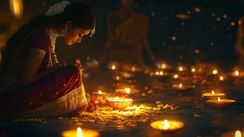 Side-lit woman arranges Diwali oil lamps with shallow depth of field
