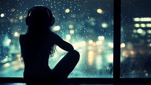 Soft night rain holds a quiet listener by the window