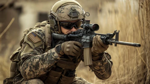 Modern soldier aiming rifle in dry field environment.