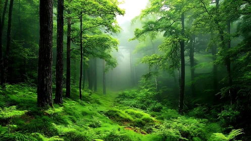 Misty Green Forest Valley Path Through Ancient Trees.